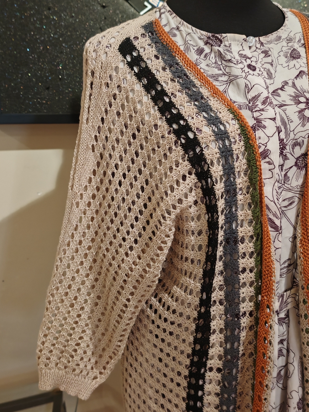 Crochet Duster Cardigan with Striped Accents - Picture 8 of 11